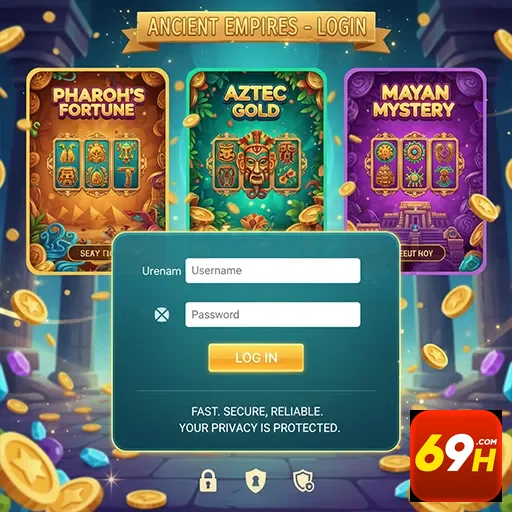 Tela de login da 69h com slots e opções de login.