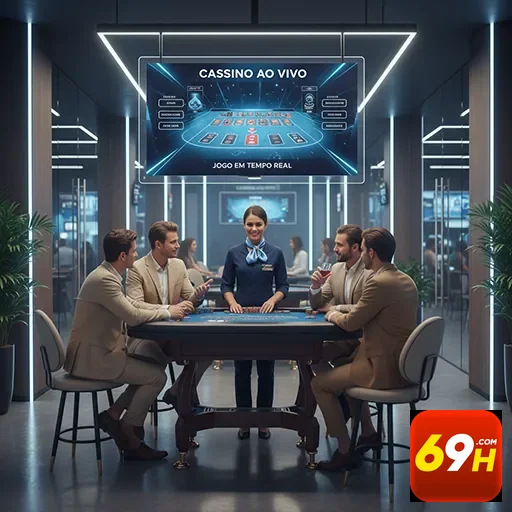 Ambiente de cassino ao vivo na 69h, com jogadores e dealer.