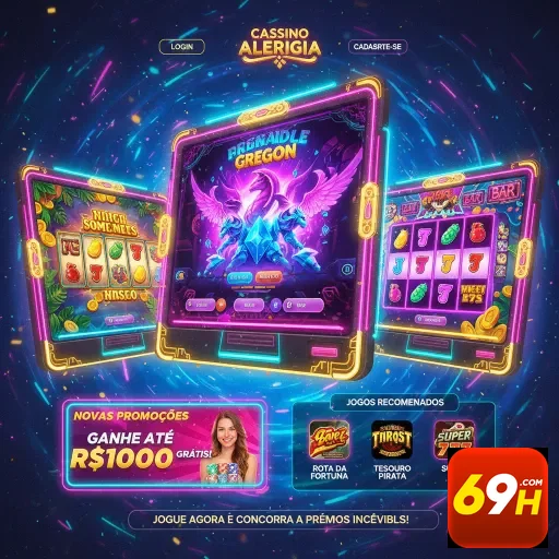 Imagem do aplicativo 69h apresentando jogos de slot animados.