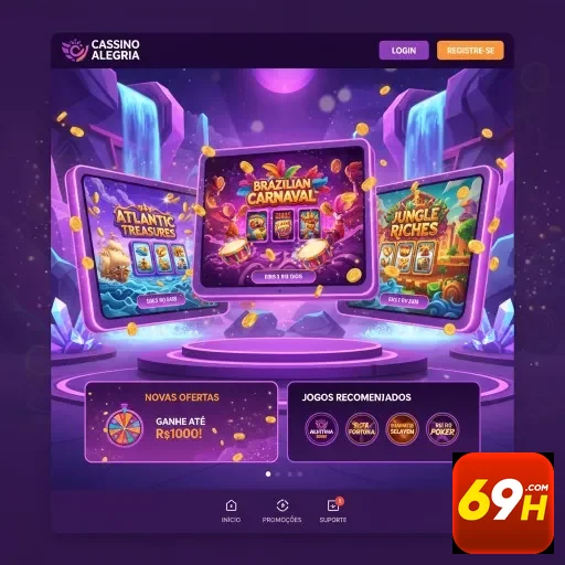 Interface do site 69h com slots VIP e promoções em destaque.