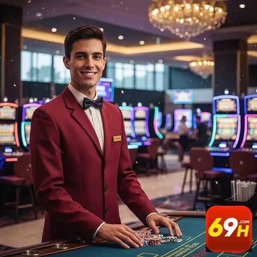 Profissional VIP na plataforma 69h com jogos de cassino ao fundo.