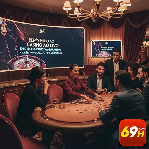 Grupo de jogadores no cassino ao vivo do 69h com crupiês experientes.