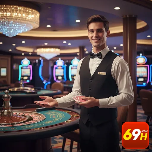 Dealer sorridente com cartas em cassino da 69h.