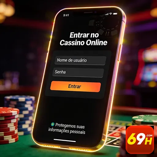 Interface de login do cassino online 69h em smartphone.