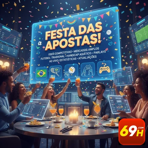 Grupo de pessoas animadas utilizando o aplicativo 69h para apostas.