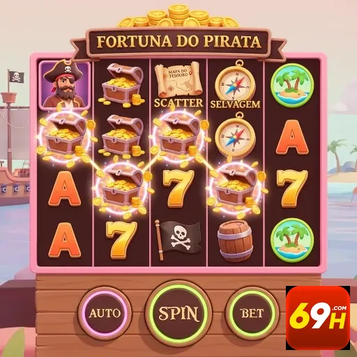 Imagem do jogo Fortuna do Pirata no cassino 69h, destacando slots.