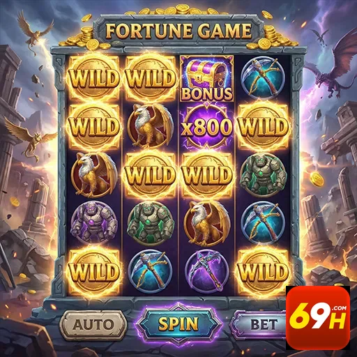 Slot do jogo Fortune Game no site 69h com símbolos e bônus.