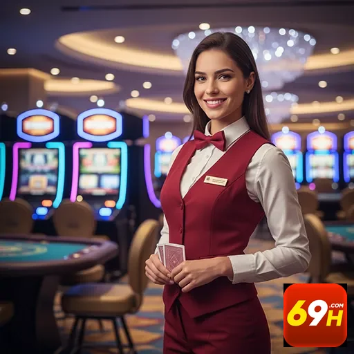 Croupier sorrindo no cassino do 69h, pronto para atender jogadores.