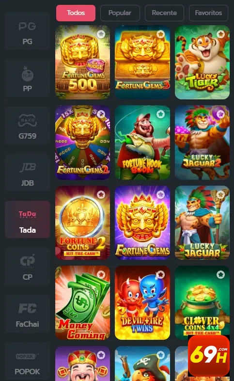 Interface de jogo com slots no 69h em dispositivo móvel.