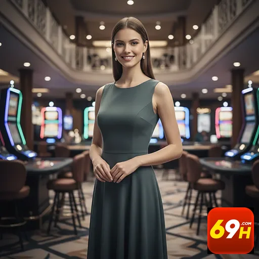 Jogadora em ambiente de cassino elegante na 69h.