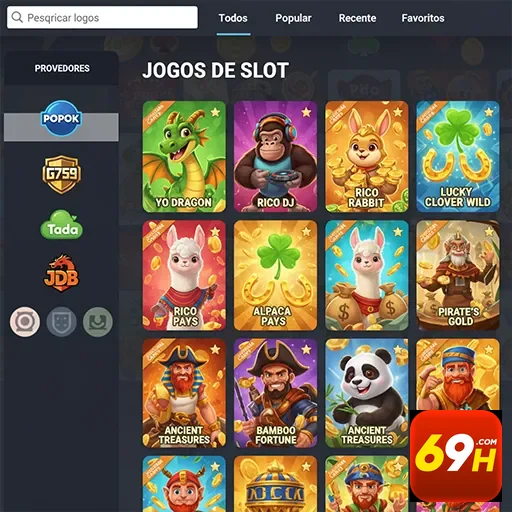 Tela do app 69h com jogos de slot disponíveis para VIP.