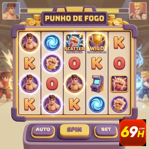 Interface da slot 'Punho de Fogo' no site 69h, destacando símbolos especiais.