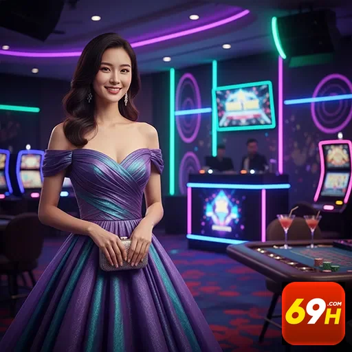 Usuária elegante no cassino da 69h, simbolizando acesso VIP.