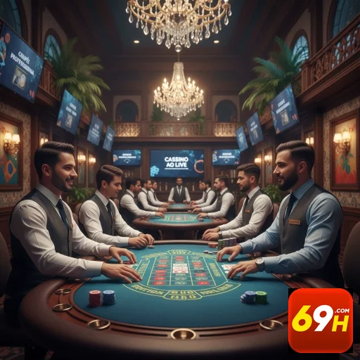 Jogadores e crupiês na mesa de cassino VIP da 69h.