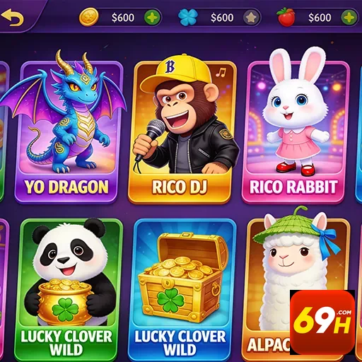 Interface VIP da 69h com jogos exclusivos e personagens coloridos.